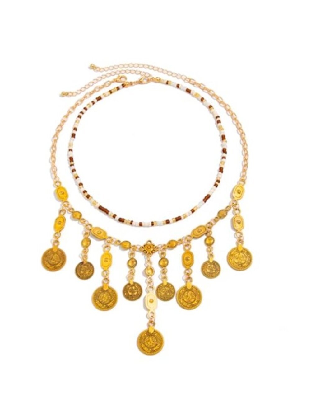 Gold Layered Coin Pendant Beaded Necklace Boho
